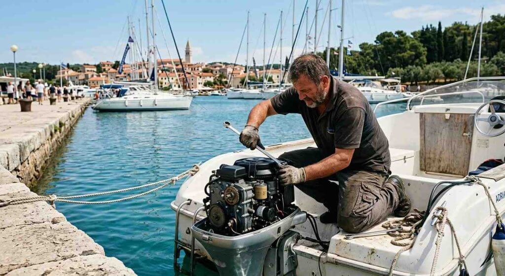 Mehaničar ključem popravlja rasklopljeni vanbrodski motor na krmi manjeg plovila privezanog uz kameni gat mediteranske luke.